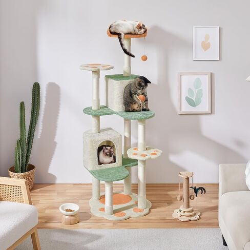 Yaheetech Cat Tree, 57.5in Cat Tower for Indoor Cats, Paw-Shaped Cat Tree with Heart-Shaped Platform, Scratching Posts, Spring Ball & Hanging Ball, Double Condos, Cat Climbing Frame Bed Furniture in Kuwait