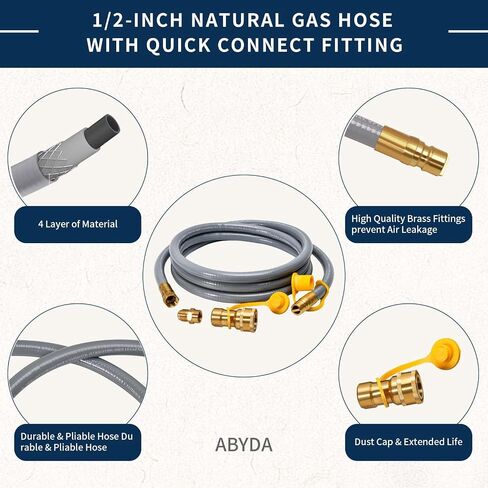ABYDA 10Feet 1/2-Inch Natural Gas Hose with Quick Connect Fitting-Ideal for BBQ, Grill, Pizza Oven, Patio Heater, and More Low-Pressure Appliances - Natural Gas Conversion Kit, CSA Certified in Kuwait