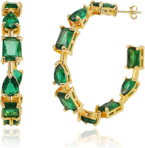 -18K Real Gold Plated Cubic Zirconia Hoop Earrings 925 Sterling Silver Post Large Round Prong Hoops for Women in Kuwait