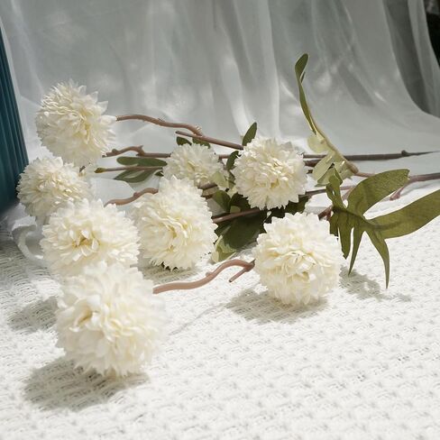 Faux Kiku Flower - White 12 Stems Faux Silk Mini Chrysanth with Stems Bulk Fake Wedding Filler Flowers Pompon Mum Artificial White Flower Ball for Floral Arrangements in Saudi Arabia