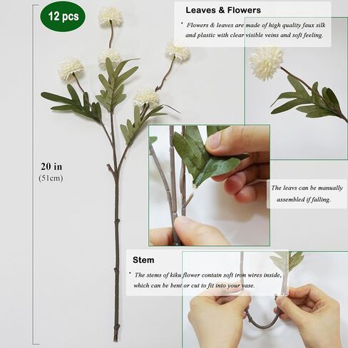 Faux Kiku Flower - White 12 Stems Faux Silk Mini Chrysanth with Stems Bulk Fake Wedding Filler Flowers Pompon Mum Artificial White Flower Ball for Floral Arrangements in Saudi Arabia