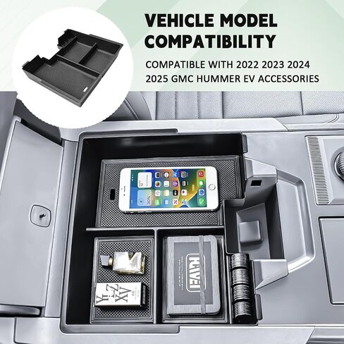 منظم وحدة التحكم المركزية المتوافقة مع 2022 2023 2024 2025 GMC Hummer EV إكسسوارات ، Hummer EV Pickup/SUV Middle Armrest Box Interior Debartment Insert Resert Tray Coin (Black) in Kuwait