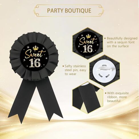 Black Sweet 16 Tinplate Badge, Happy 16th Birthday Button Pin, It's My 16th Birthday Rosette Badge Pin for Girl, Brooch Buttons for Sweet Sixteen Birthday Party in Saudi Arabia