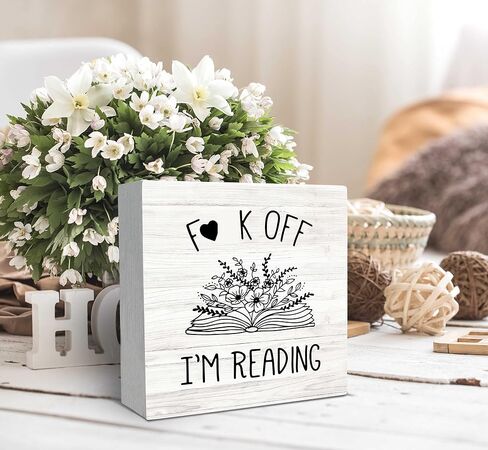 SRADMO I'm Reading Minimalist Floral Book Wood Box Sign Desk Decor, Inspirational Reading Wooden Block Box Sign Decoration For Home Reading Room Library Shelf Table Decor in Saudi Arabia