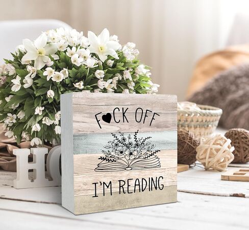 SRADMO I'm Reading Minimalist Floral Book Wood Box Sign Desk Decor, Inspirational Reading Wooden Block Box Sign Decoration For Home Reading Room Library Shelf Table Decor in Saudi Arabia