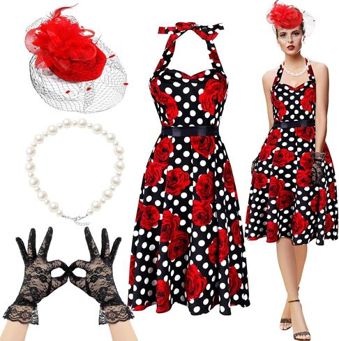 JenPen 5 Pcs Vintage Polka Dot Dress, Retro Swing Dress for Women 2025 Tea Party Costume for Derby Cocktail in Saudi Arabia