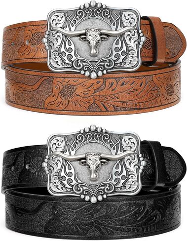 2 Pack Men Women Western Cowboy Cowgirl Belt Longhorn Bull Buckle Floral Embossed Country Belt for Jeans Dresses in Kuwait