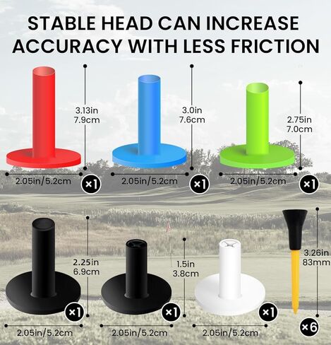 FINGER TEN Golf Tees Driving Range Tee Rubber Tees for Golf Mats Value 6 Rubber Tees and 6 Driver Tees 2 3/4 Inch Easy to Find Mixed Size 3.13" 3" 2.75" 2.25" 1.5" (Colorful) in Kuwait
