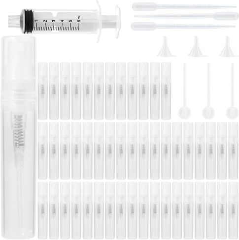 50Pcs Mini Spray Bottle 5ml, Small Travel Perfume Bottle Refillable with 10 Tools, Clear Plastic Small Atomizer Empty, Fine Mist Perfume Sample Spray Bottle for Travel Essential Oil Perfumes in Saudi Arabia