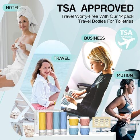 14Pack زجاجات سفر لأدوات النظافة ، مجموعة أدوات النظافة التي تمت الموافقة عليها من TSA ، مجموعة أدوات إكسسوارات قابلة للتسرب قابلة للتسرب قابلة لإعادة التعبئة والكريمات. in Saudi Arabia