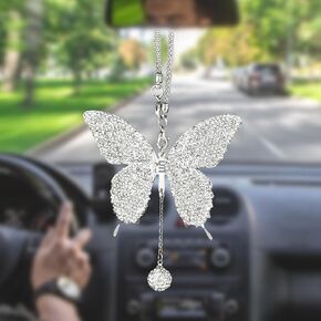 بلينغ الفراشة ماس الملحقات المعلقة ، Crystal Car الخلفية View Mirror سحر Lucky معلقة ديكور زخرفة الكريستال الداخلية الداخلية لجميع السيارات (بيضاء) in Kuwait
