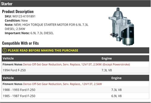 High Torque Starter Motor - Compatible with 1985-1994 Ford F-250 6.9L 7.3L Diesel in Saudi Arabia