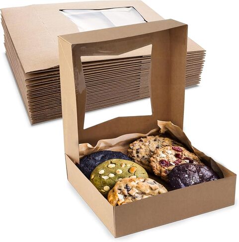 MT Products Kraft Bakery Boxes with Window - Size of 8" x 8" x 2 ½" - (15 Pieces) Auto Pop-Up Pastry Boxes with Window - Perfect for Muffins, Donuts, Mini Cakes, and Cookies - Made in the USA in Kuwait