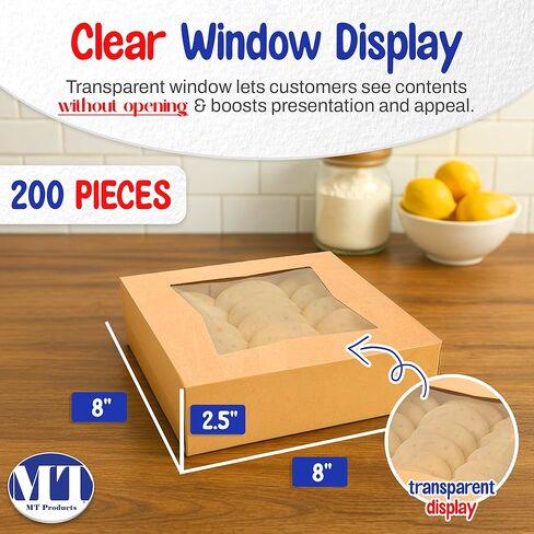 MT Products Kraft Bakery Boxes with Window - Size of 8" x 8" x 2 ½" - (15 Pieces) Auto Pop-Up Pastry Boxes with Window - Perfect for Muffins, Donuts, Mini Cakes, and Cookies - Made in the USA in Kuwait