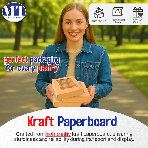 MT Products Kraft Bakery Boxes with Window - Size of 8" x 8" x 2 ½" - (15 Pieces) Auto Pop-Up Pastry Boxes with Window - Perfect for Muffins, Donuts, Mini Cakes, and Cookies - Made in the USA in Kuwait