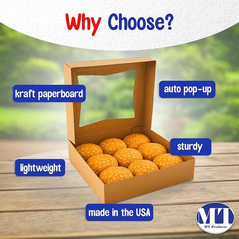 MT Products Kraft Bakery Boxes with Window - Size of 8" x 8" x 2 ½" - (15 Pieces) Auto Pop-Up Pastry Boxes with Window - Perfect for Muffins, Donuts, Mini Cakes, and Cookies - Made in the USA in Kuwait