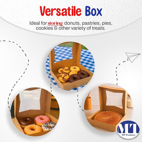MT Products Kraft Bakery Boxes with Window - Size of 8" x 8" x 2 ½" - (15 Pieces) Auto Pop-Up Pastry Boxes with Window - Perfect for Muffins, Donuts, Mini Cakes, and Cookies - Made in the USA in Kuwait