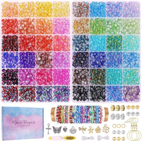 1800PCS 8mm Crackle Glass Beads Bracelet Making Kit, 48 Colors Crystal Beads for Jewelry Making, Round Beads for Bracelets, Friendship Bracelet kit for DIY Crafts Gifts, 2 Box (Crackle Colors) in Kuwait