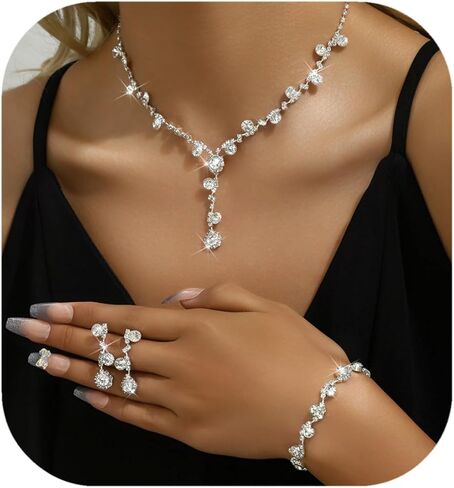 Bridal Jewelry Sets Wedding Necklace Earrings Silver Rhinestone Chain Necklace Bracelet Bridal Jewelry Sets for Women in Saudi Arabia