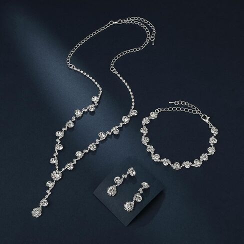 Bridal Jewelry Sets Wedding Necklace Earrings Silver Rhinestone Chain Necklace Bracelet Bridal Jewelry Sets for Women in Saudi Arabia