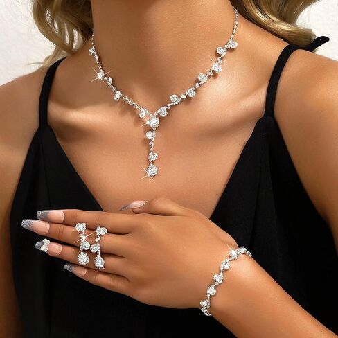 Bridal Jewelry Sets Wedding Necklace Earrings Silver Rhinestone Chain Necklace Bracelet Bridal Jewelry Sets for Women in Saudi Arabia