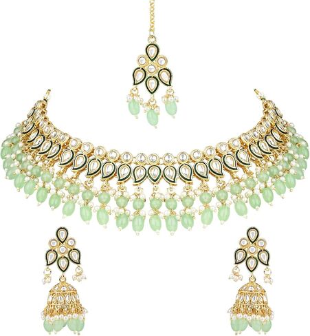 I Jewels Gold Plated Indian Wedding Bollywood Kundan Pearl Meenakari Choker Necklace Jewelery with Jhumka arocrings for Women (K7263) in Kuwait