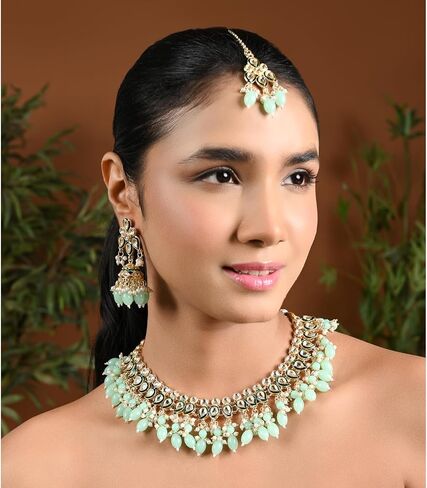 I Jewels Gold Plated Indian Wedding Bollywood Kundan Pearl Meenakari Choker Necklace Jewelery with Jhumka arocrings for Women (K7263) in Kuwait