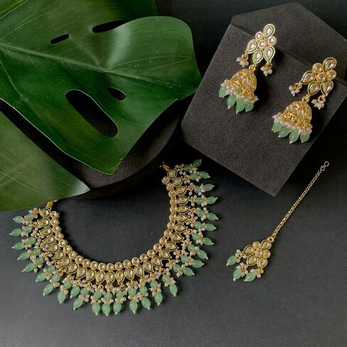 I Jewels Gold Plated Indian Wedding Bollywood Kundan Pearl Meenakari Choker Necklace Jewelery with Jhumka arocrings for Women (K7263) in Kuwait