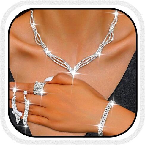 Unicra Rhinestone Bridal Wedding Jewelry Sets Black Necklace Earrings Bracelet Ring Set Prom Formal Costume Jewelry Set for Women and Brides in Saudi Arabia