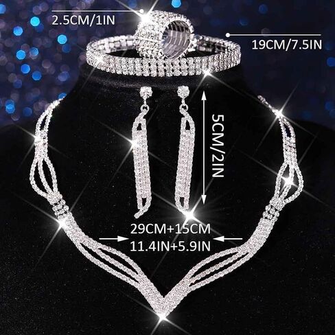 Unicra Rhinestone Bridal Wedding Jewelry Sets Black Necklace Earrings Bracelet Ring Set Prom Formal Costume Jewelry Set for Women and Brides in Saudi Arabia