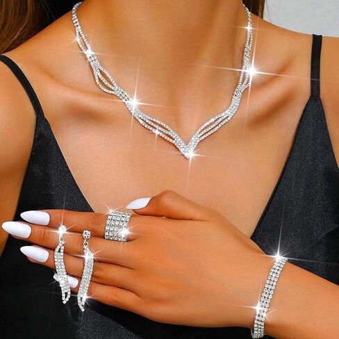 Unicra Rhinestone Bridal Wedding Jewelry Sets Black Necklace Earrings Bracelet Ring Set Prom Formal Costume Jewelry Set for Women and Brides in Saudi Arabia