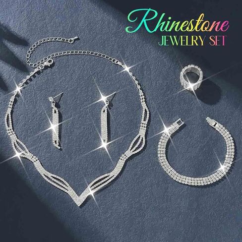 Unicra Rhinestone Bridal Wedding Jewelry Sets Black Necklace Earrings Bracelet Ring Set Prom Formal Costume Jewelry Set for Women and Brides in Saudi Arabia