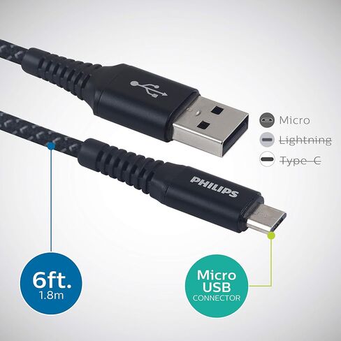 فيليبس إليت USB-A إلى كابل شحن Lightning، 6 قدم. سلك، متوافق مع iPhone 12/11/Pro/Max/XS/XR/X/8، iPad، iPad Mini، iPad Air، أبيض، مجدول، DLC6206V/37 in Saudi Arabia