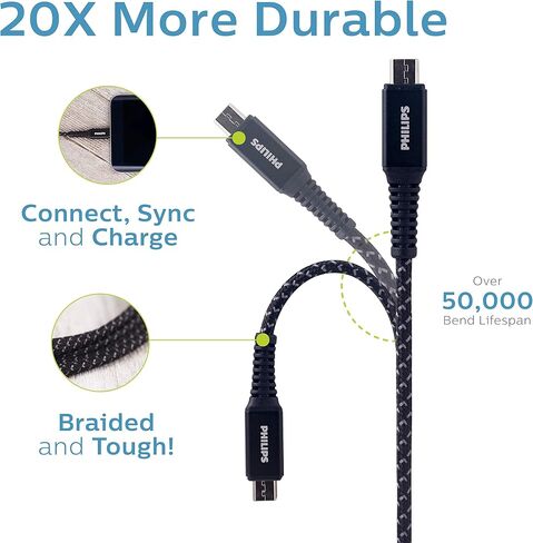 فيليبس إليت USB-A إلى كابل شحن Lightning، 6 قدم. سلك، متوافق مع iPhone 12/11/Pro/Max/XS/XR/X/8، iPad، iPad Mini، iPad Air، أبيض، مجدول، DLC6206V/37 in Saudi Arabia