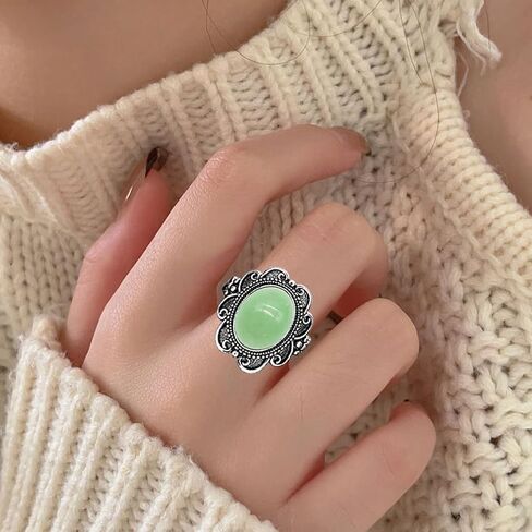 Retro Sterling Silver Natural Real Genuine Gemstone Bobo Bohemian Wide Ring,Antique Vintage Oval Crystal Stone Statement Ring Jewelry for Women in Kuwait