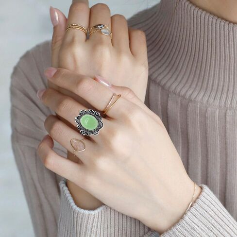 Retro Sterling Silver Natural Real Genuine Gemstone Bobo Bohemian Wide Ring,Antique Vintage Oval Crystal Stone Statement Ring Jewelry for Women in Kuwait