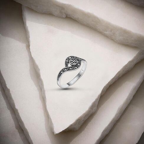 Genuine Solid 925 Sterling Silver Marcasite Women's Moon and Star Oxidized Stacking Band Ring in Saudi Arabia