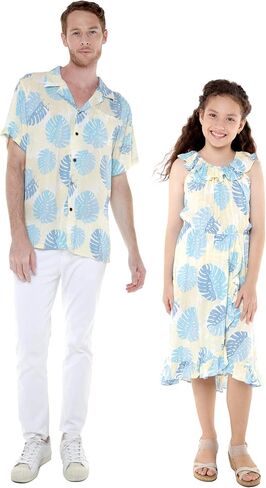 Matchable Hawaiian Luau Father Daughter Men Shirt or Girl Wrap Dress in Pacific Palm Cream in Saudi Arabia