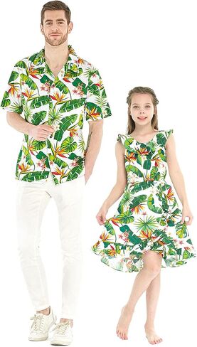 Matchable Hawaiian Luau Father Daughter Men Shirt or Girl Wrap Dress in Bird of Paradise in Saudi Arabia