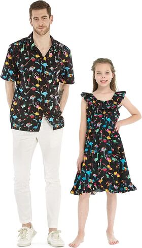Matchable Hawaiian Luau Father Daughter Men Shirt or Girl Wrap Dress in Flamingo Party Black in Saudi Arabia