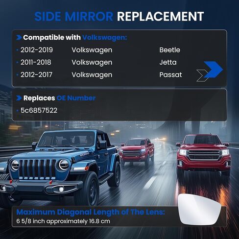 Passenger Right Side Mirror Convex Glass Compatible With Volkswagen 2012-2019 Beetle, 2011-2018 Jetta, 2012-2017 Passat Passenger Right Side RH View Mirror, Including Full Size Adhesive in Saudi Arabia