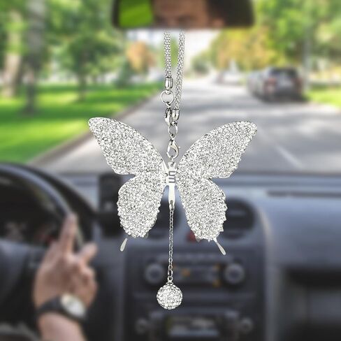 بلينغ الفراشة ماس الملحقات المعلقة ، Crystal Car الخلفية View Mirror سحر Lucky معلقة ديكور زخرفة الكريستال الداخلية الداخلية لجميع السيارات (بيضاء) in Kuwait