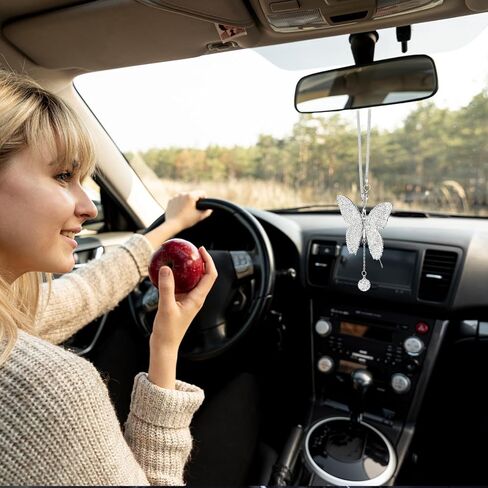 بلينغ الفراشة ماس الملحقات المعلقة ، Crystal Car الخلفية View Mirror سحر Lucky معلقة ديكور زخرفة الكريستال الداخلية الداخلية لجميع السيارات (بيضاء) in Kuwait