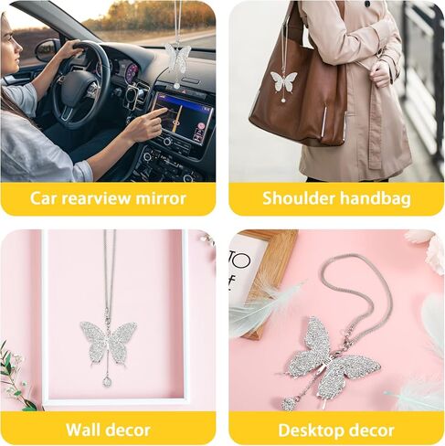 بلينغ الفراشة ماس الملحقات المعلقة ، Crystal Car الخلفية View Mirror سحر Lucky معلقة ديكور زخرفة الكريستال الداخلية الداخلية لجميع السيارات (بيضاء) in Kuwait