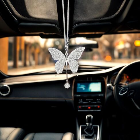 بلينغ الفراشة ماس الملحقات المعلقة ، Crystal Car الخلفية View Mirror سحر Lucky معلقة ديكور زخرفة الكريستال الداخلية الداخلية لجميع السيارات (بيضاء) in Kuwait