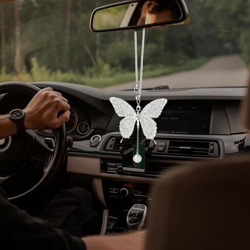 بلينغ الفراشة ماس الملحقات المعلقة ، Crystal Car الخلفية View Mirror سحر Lucky معلقة ديكور زخرفة الكريستال الداخلية الداخلية لجميع السيارات (بيضاء) in Kuwait
