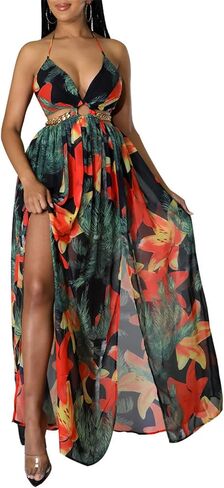 Qikaka Women's Sleeveless Deep V Neck Floral Printed Metal Chain Bodycon Sexy Nightclub Party Boho Dress in Kuwait