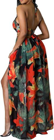 Qikaka Women's Sleeveless Deep V Neck Floral Printed Metal Chain Bodycon Sexy Nightclub Party Boho Dress in Kuwait