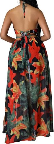 Qikaka Women's Sleeveless Deep V Neck Floral Printed Metal Chain Bodycon Sexy Nightclub Party Boho Dress in Kuwait