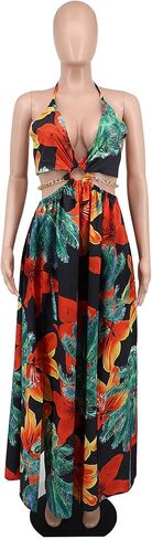 Qikaka Women's Sleeveless Deep V Neck Floral Printed Metal Chain Bodycon Sexy Nightclub Party Boho Dress in Kuwait